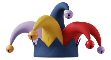 Isolated harlequin hat, colorful jester accessory with bells, funny Carnival headgear