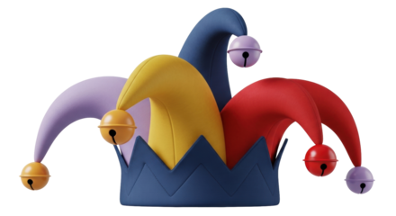 Isolated harlequin hat, colorful jester accessory with bells, funny Carnival headgear