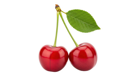 Isolated pair of red cherries with a leaf and green stems, healthy fruit, natural treat