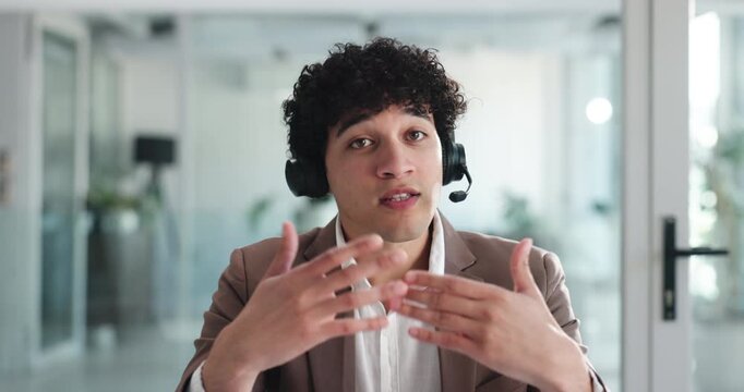 Face, man and talking with headset in call center for product knowledge, lead generation and offer. Sales, telemarketing agent POV and speaking to outbound customer for service promotion and upsell