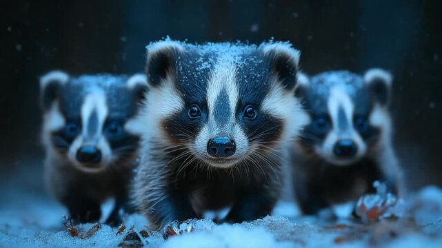 Three Adorable Badger Cubs Looking Curiously from the Snowy Ground at Night.