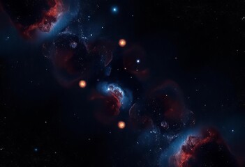 Celestial bodies arranged in a symmetrical grid against a dark nebula, icon, cosmology