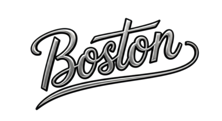 Isolated Boston graphic in shiny metal calligraphy writing over a white surface for designs