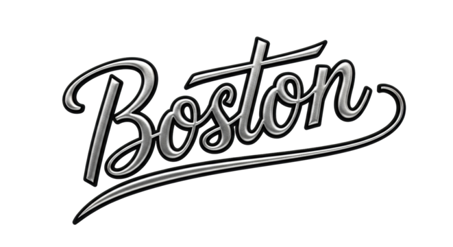 Isolated Boston graphic in shiny metal calligraphy writing over a white surface for designs