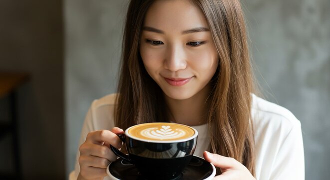 Happy young Asian woman enjoying a fresh cup of latte art coffee in a cafe.