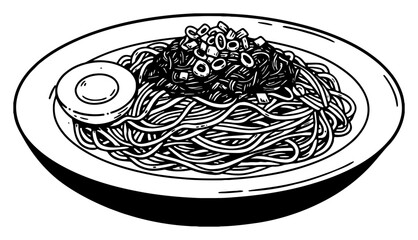 Noodle on Plate with Toppings and Egg Black and White Outline Line Art Drawing Delicious Asian Food Sketch
