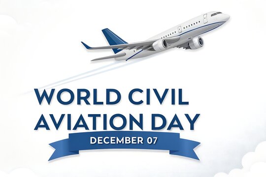 World Civil Aviation Day Celebration: Airplane In Flight With Banner And December 07 Ribbon

