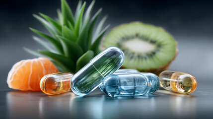 Clear capsule herbal capsule vitamin capsule supplement pill glass pill fruit kiwi tangerine aloe wellness