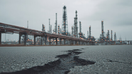 An industrial landscape featuring tall structures in the background, with cracked asphalt in the foreground, suggesting wear and environmental impact.