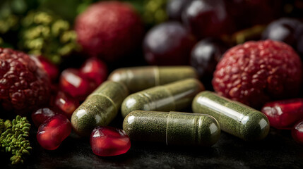 Green supplement capsule natural extract herbal capsule superfood powder antioxidant pomegranate seed grape lychee berry fresh produce calm energy