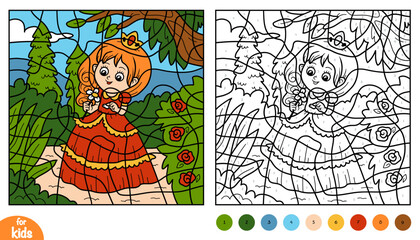 Cute cartoon princess and flower on background of royal garden. Color by number page for kids. Educational activity game for preschool and kindergarten children to learn numbers and colors