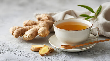 Ginger tea cup saucer spoon root slice herbal warm cozy Fresh ginger tea white cup with saucer and wooden spoon, ginger root and slice stone table