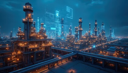 Fototapeta premium Night photo of modern industrial facility with digital graphics. Complex infrastructure of factory illuminated by artificial lights. Manufacturing plant cityscape represents industry tech and power.