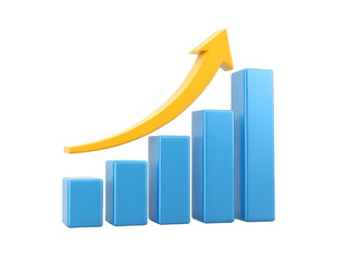 Blue bar graph with a yellow arrow pointing upwards isolated on transparent background