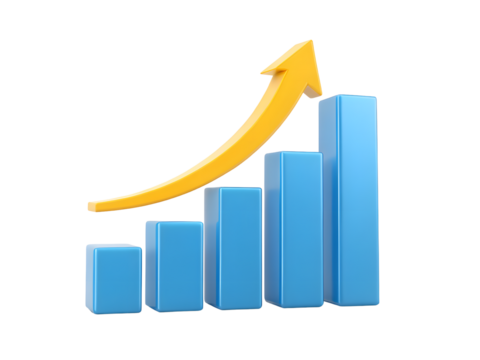 Blue bar graph with a yellow arrow pointing upwards isolated on transparent background