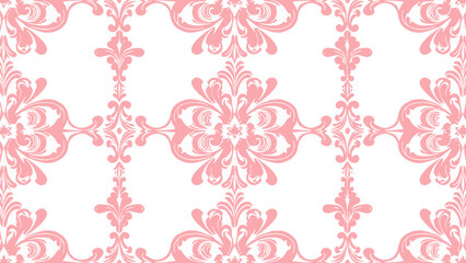 Floral pattern. Vintage wallpaper in the Baroque style. Seamless background. White and pink ornament for fabric, wallpaper, packaging. Ornate Damask flower ornament