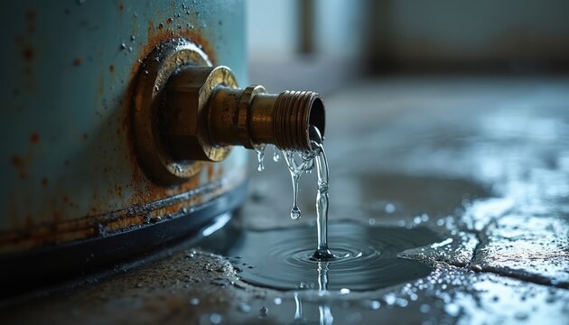 Rusty water heater leaks water onto floor. Visible plumbing damage creates puddles. Water drips from broken pipe connection indoors. Home repair needed.