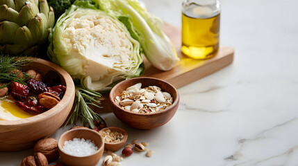 Fresh cabbage olive oil mixed nuts seeds garlic dried tomato herbs on marble kitchen counter rustic natural cooking vibe