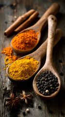 Warm spices, turmeric powder, curry powder, black pepper, cinnamon stick, star anise, rustic wood