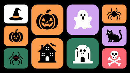 Graveyard Gala Icon Set — Pumpkins, Ghosts, Spiders, Haunted House, Crypt, Black Cat & Skull