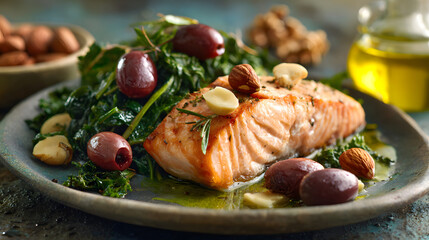 Grilled salmon kale olive almond herb lemon garlic rosemary Mediterranean healthy dinner plate cuisine diet protein seafood fillet greens nuts oil