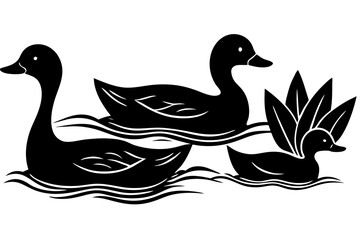 A duck family swimming in a calm pond