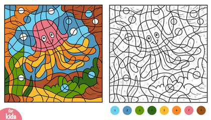Cute jelly fish and sea background color by number page. Educational activity game for preschool and kindergarten children to learn numbers and colors. Square worksheet about ocean animals