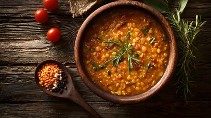 Rustic lentil soup wooden bowl rosemary garnish tomato spinach warm comfort hearty rustic table spoon peppercorn