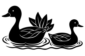 A duck family swimming in a calm pond