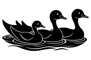 A duck family swimming in a calm pond