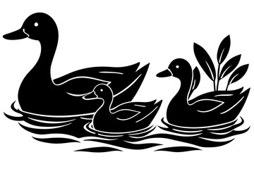 A duck family swimming in a calm pond