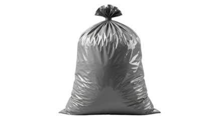 Isolated full gray plastic garbage bag, household waste container or refuse sack, knotted top