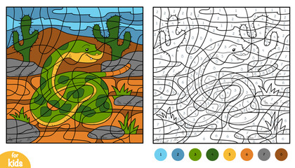 Cute snake on desert background color by number page for kids. Fun and educational activity game for preschool and kindergarten children to learn numbers and colors about zoo animals