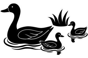 A duck family swimming in a calm pond