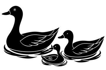 A duck family swimming in a calm pond