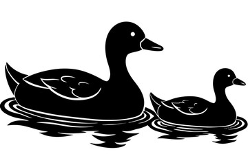 A duck family swimming in a calm pond