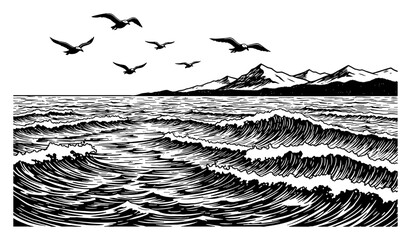 Sea Waves with Birds and Mountain Landscape Coloring Book Style Black and White Outline Line Art Drawing