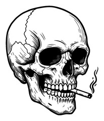 Human Skull Smoking Cigarette Vintage Engraving Detail Black and White Outline Line Art Drawing