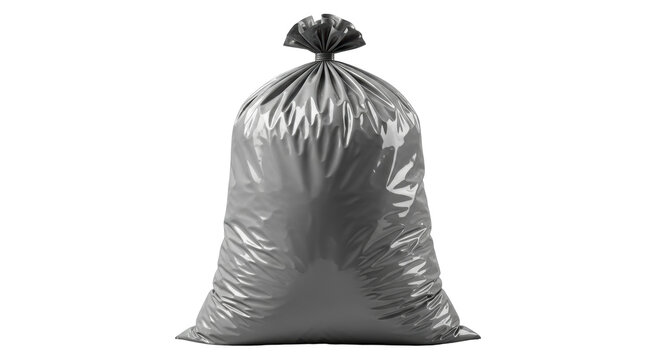Isolated full gray plastic garbage bag, household waste container or refuse sack, knotted top
