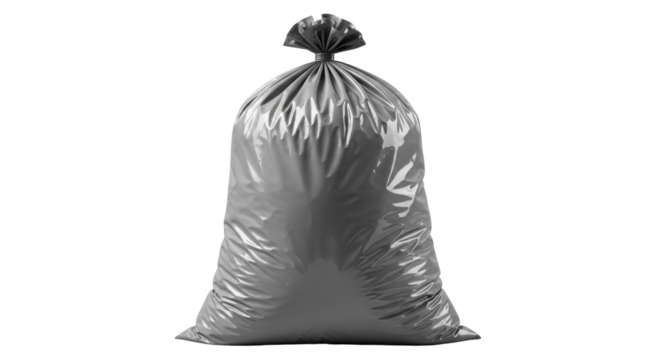 Isolated full gray plastic garbage bag, household waste container or refuse sack, knotted top