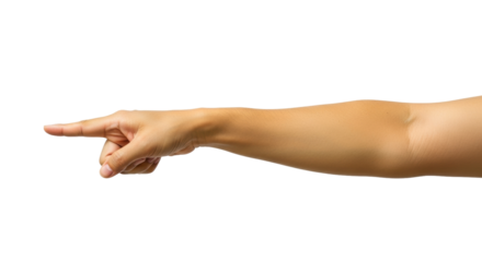 Isolated hand and arm pointing straight to the left in forward gesture, direction concept