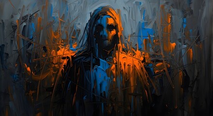 Obraz premium Abstract Portrait of a Hooded Figure in Dramatic Lighting