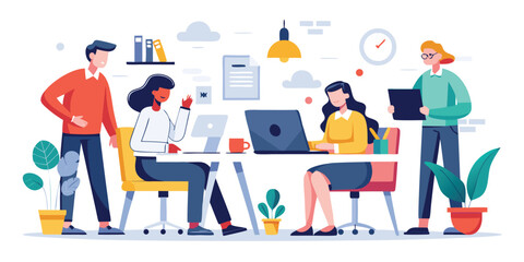 Business Planning concept. Vector illustration in flat style of a group of diverse business people having a discussion at a table with graphs in the background.