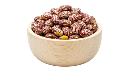 Isolated pinto beans in wooden bowl, edible legumes popular in Mexican cuisine and chili