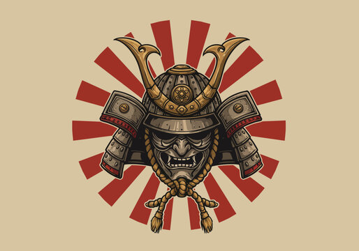 Detailed Samurai Helmet and Mask with Rising Sun Background.