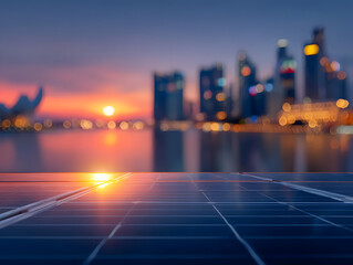 Solar panel renewable energy green city sunset skyline urban sustainable reflection clean power glows over urban skyline at sunset, serene mood