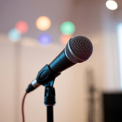 Fototapeta premium Capture your audience with a dynamic microphone ready for your next speech or performance on stage with vibrant colorful lights