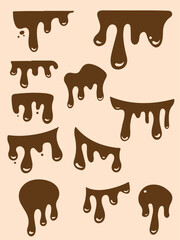 A collection of various dripping chocolate shapes, illustrated in a simple, cartoon style against a light beige background.