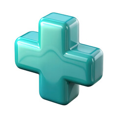Aqua blue glossy medical cross sign modern 3d rendering plus symbol healthcare icon shape element 3d illustration isolated on transparent background