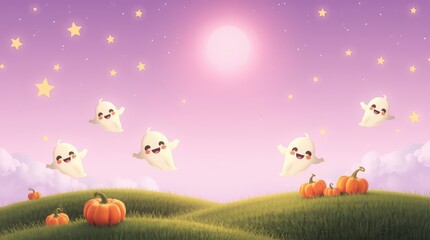 Halloween night scene with pumpkins, ghosts, stars, and a full moon